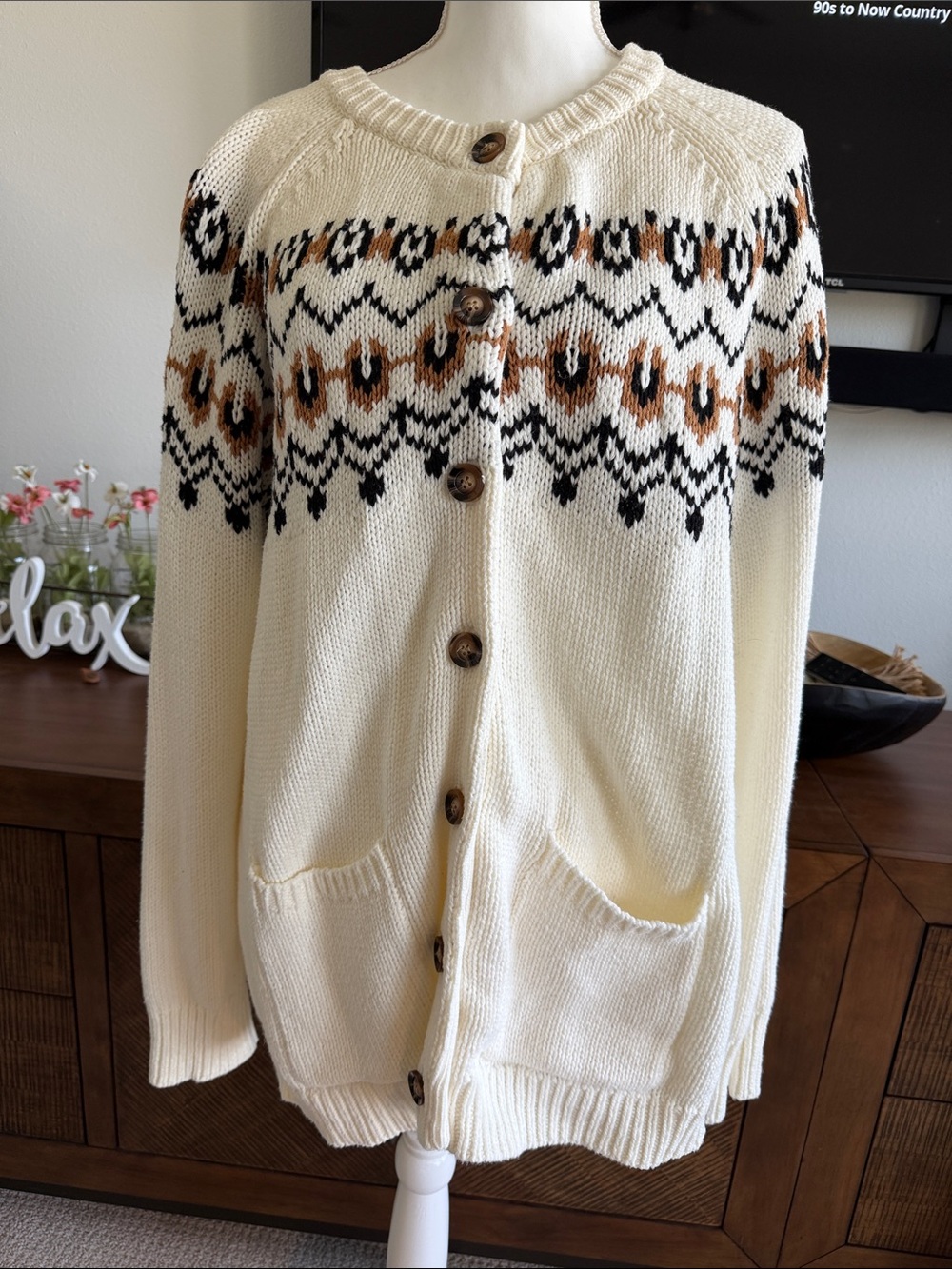 Cream Patterned Button-Front Cardigan Sweater